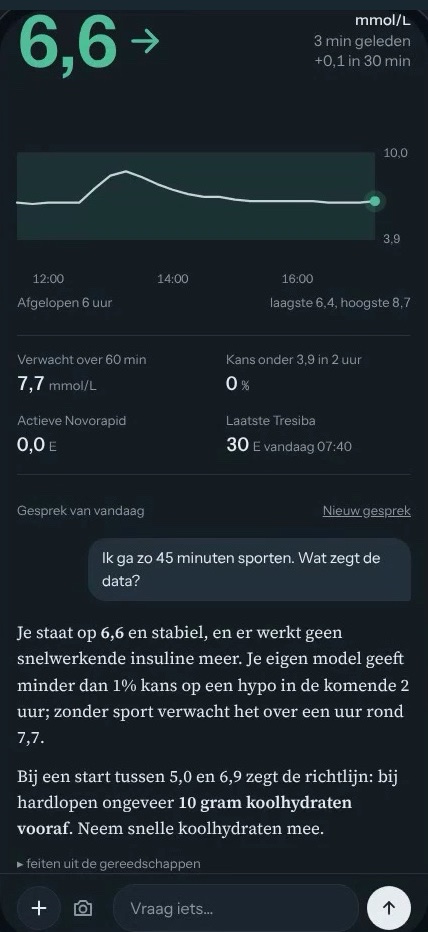 Chatgesprek waarin de assistent uitlegt wat de data zegt over sporten, met verzonnen demodata