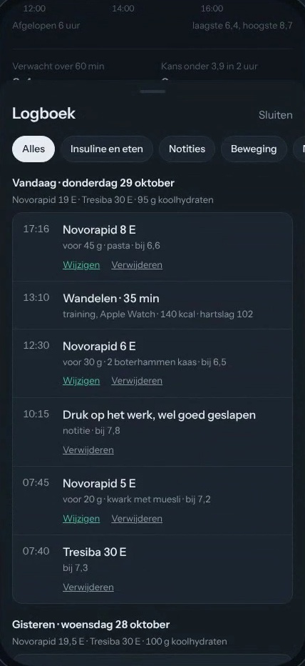 Logboek met insuline, eten, notities en beweging per dag, met verzonnen demodata