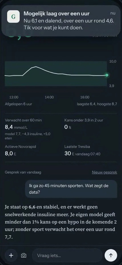 Melding op de telefoon dat de waarde mogelijk laag wordt over een uur, met verzonnen demodata